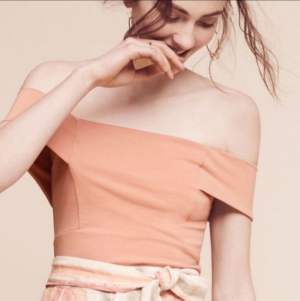 Anthropologie Deletta Blush Pink Off-the-Shoulder Crop Top Blouse Size L